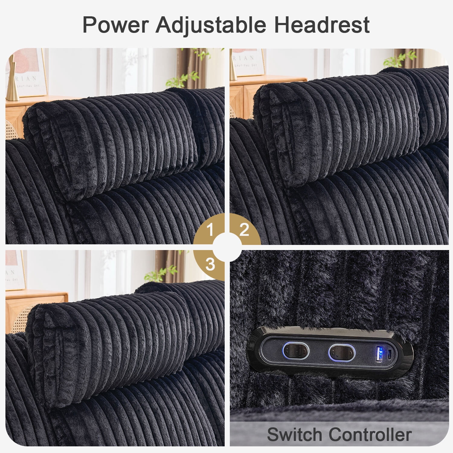 3PCS Power Zero Gravity Reclining Sofa Set with Adjustable Headrests,Bluetooth Speakers,Reading/LED Lights,Type C/USB Port,Cup Holders,Storage Console,Faux Fur Electric Couch,Loveseat,Recliner,Black