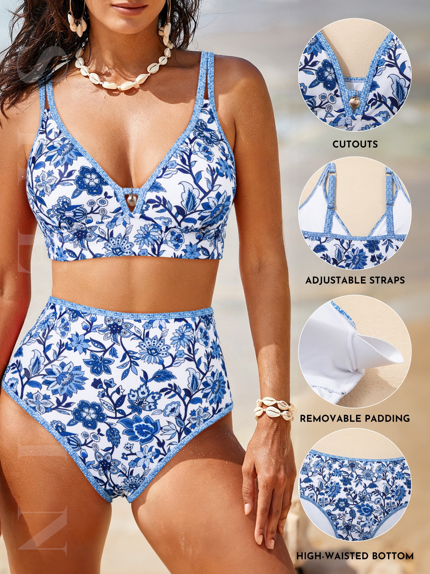 SHEWIN Womens Swimsuits Sets Bikinis Sets 2 Piece Tummy Control Bathing Suits High Waisted Swimwear Floral Swimming Suits Push Up Beach Vacation Outfits Blue Floral XL