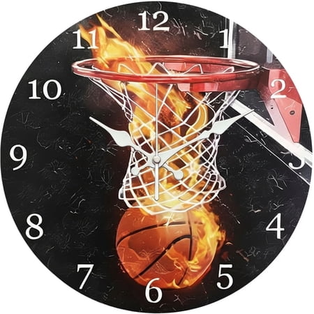 SBEMP10 Inch Silent Wall Clock, Flame Basketball Dunk Decorative Wall Clock, Battery Operated Non-Ticking Round Clock for Living Room Bedroom Game Room Home Decor
