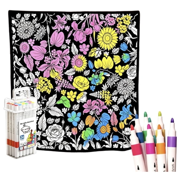 DIY Coloring Blanket for Adults, 50"×59" Floral Pattern Colorable Throw Blanket with 24 Acrylic Markers, Reusable Machine Washable Creative Art Blanket for Stress‑Relief, Home Decor & Gift
