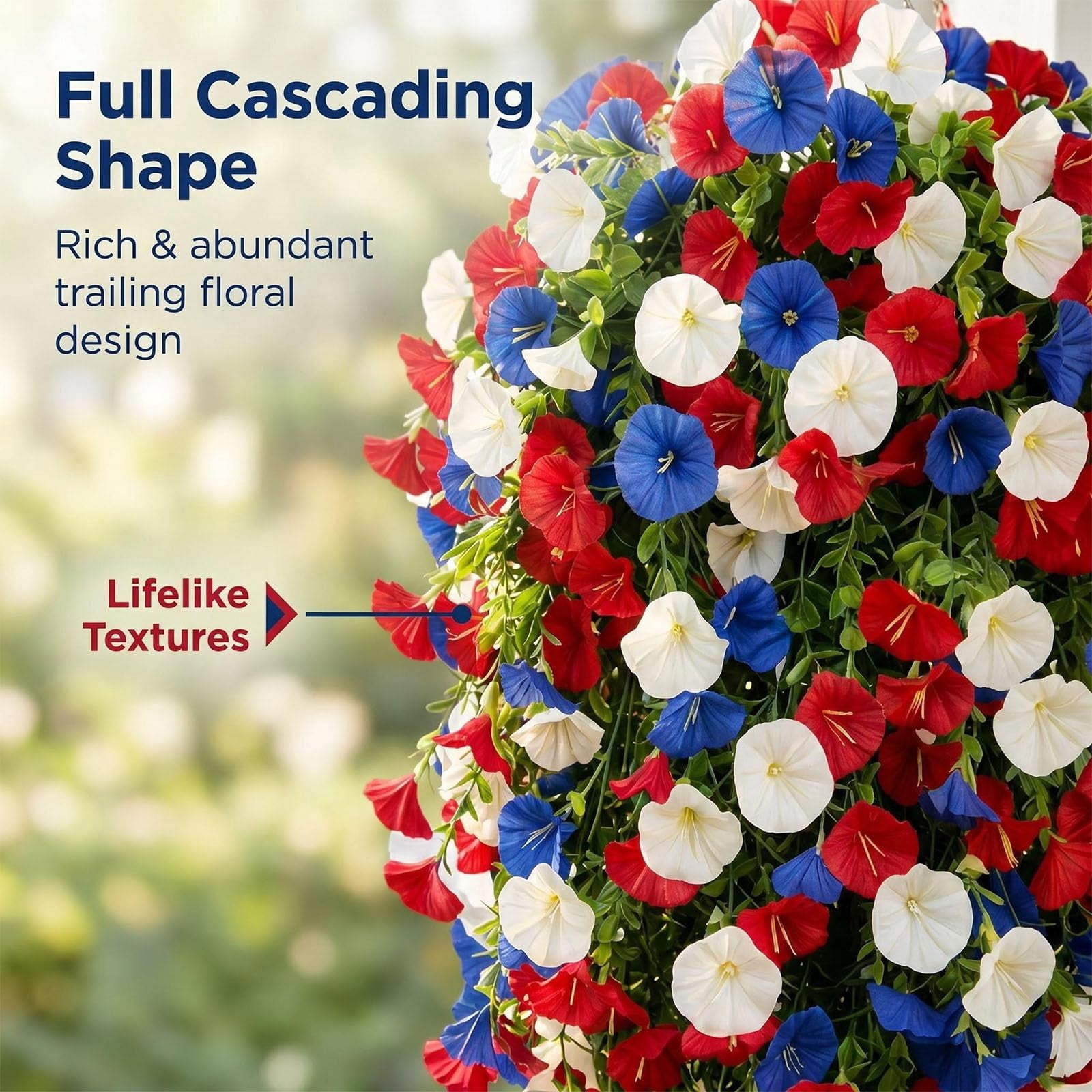 Red White and Blue Hanging Flowers, Patriotic Hanging Flower Baskets – Artificial Plants for Anniversary Porch Decor, Veterans Memorial Day Patio Home