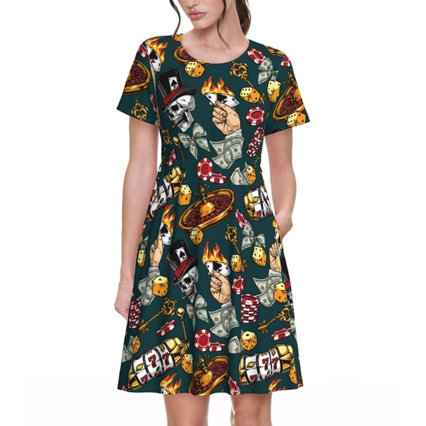 Balery Vintage Casino Chips Vestidos sueltos de manga corta para mujer, vestidos de verano 2025, vestidos casuales de corte A con vuelo.