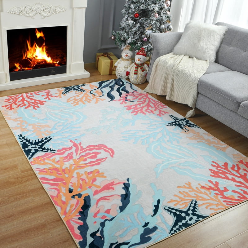 TWINNIS Area Rugs Floral Boho Rug Floor Carpet for Living Room Bedroom,6'x9',Cream White