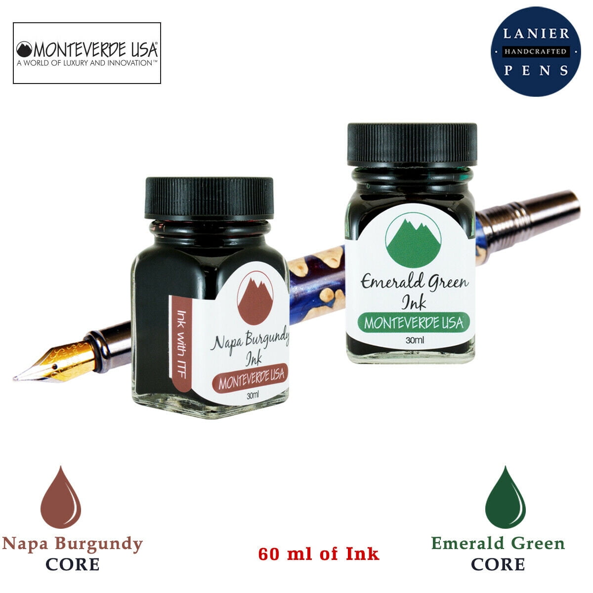 Monteverde 60ml Core Fountain Pen Ink Bottle (30ml Napa Burgundy Ink Bottle G309NB, 30ml Emerald Green Ink Bottle G309EG)
