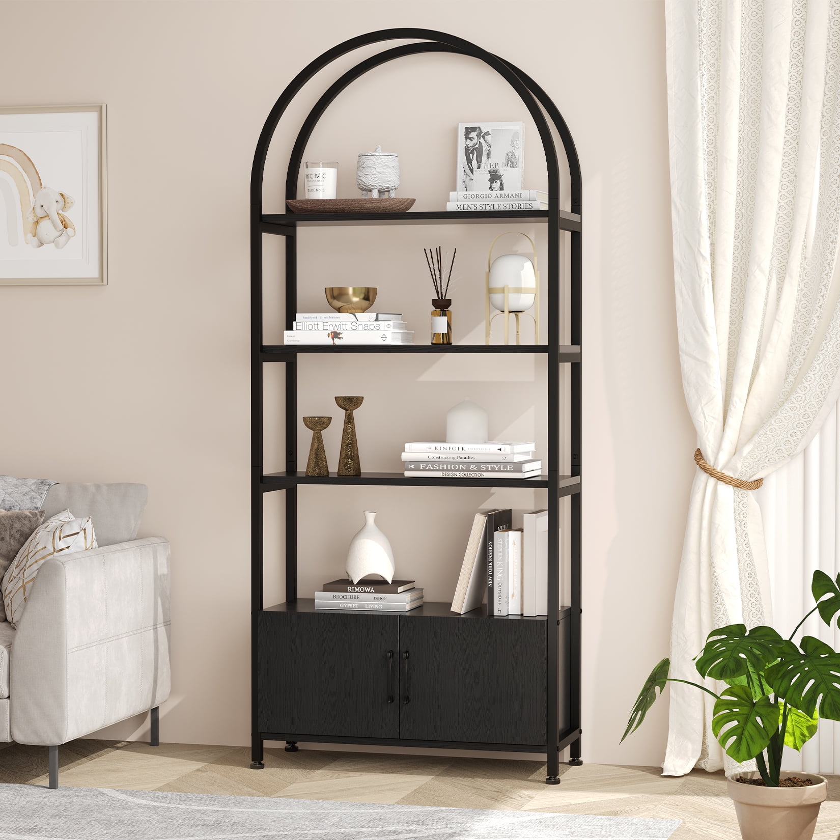 Towallmark 4-Tier Gold Bookshelf with Doors StorageBook Shelf, 71.5“ Tall Arched Book Shelf with Studry Metal Frame and Quality Board for Bedroom Living Room
