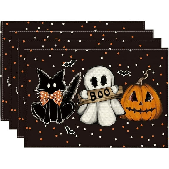 Polka Dot Ghost Pumpkin Cat Boo Halloween Placemats Set of 6, 12x18 Inch Seasonal Fall Table Mats for Party Kitchen Dining Decoration