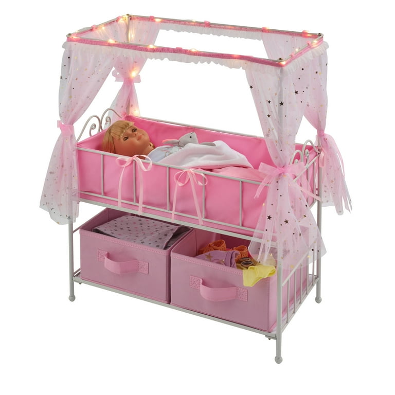 Starlights Metal Doll Crib with Canopy, Bedding, Storage and LED