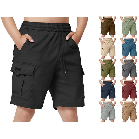 HAOTAGS Cargo Shorts for Big Boys(5-15) Casual Summer Drawsrting Waist Active Sport Nylon Shorts with Multi-Pockets Black Size 7 Years