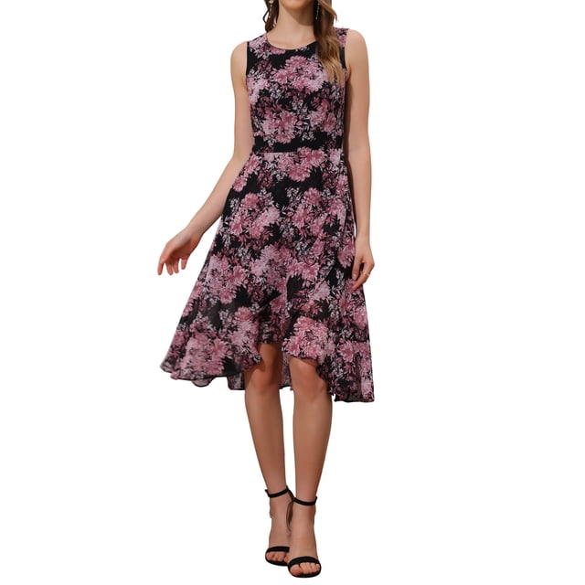 Vestidos de verano para mujeres INSPIRE CHIC, con envoltura, dobladillo con volantes, cuello redondo, espalda con abertura, sin mangas, vestido floral en negro y rosa