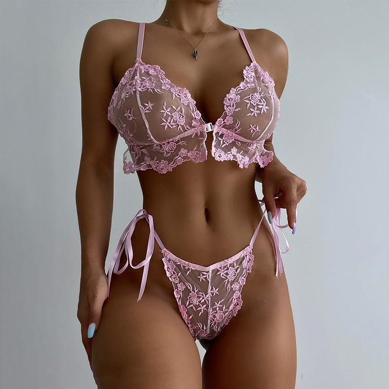 YDKZYMD Wedding Lingerie Set for Bride Girlish Embroidered Sexy Floral Mesh  Bra and Panty Pink 2XL