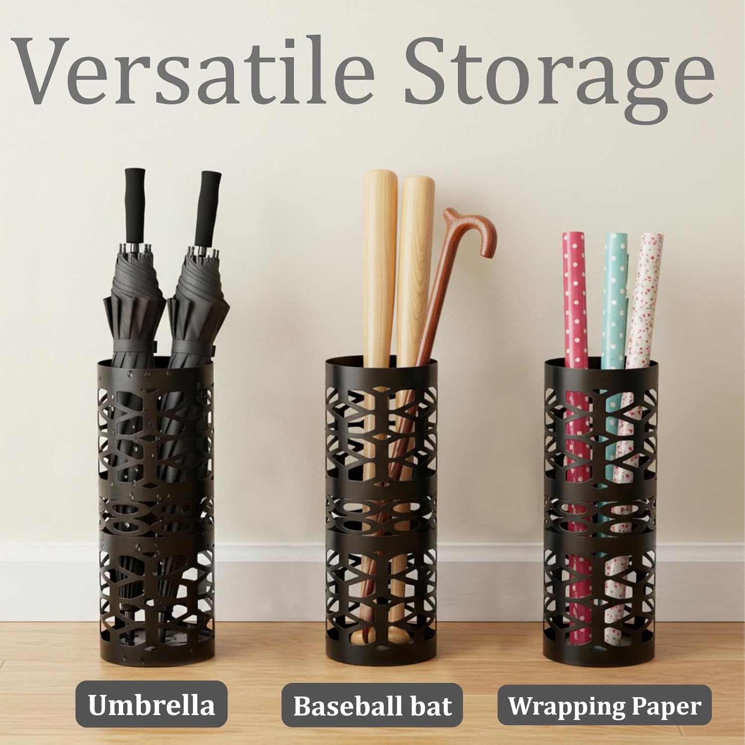 Umbrella Stand, Black Metal Umbrella Holder Freestanding, Cane Walk Stick Holder, Round Umbrella Rack for Entryway, Home, Office, 5.9 x 5.9 x 15.7 Inches