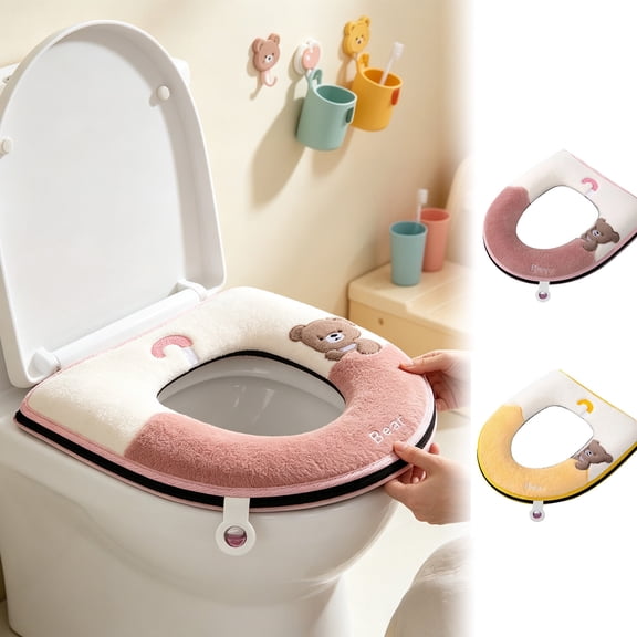 Winter Thickened Padded Toilet Seat Cover, All-Season Comfort, 2-Pack, Yellow, Polyester, Easy to Clean