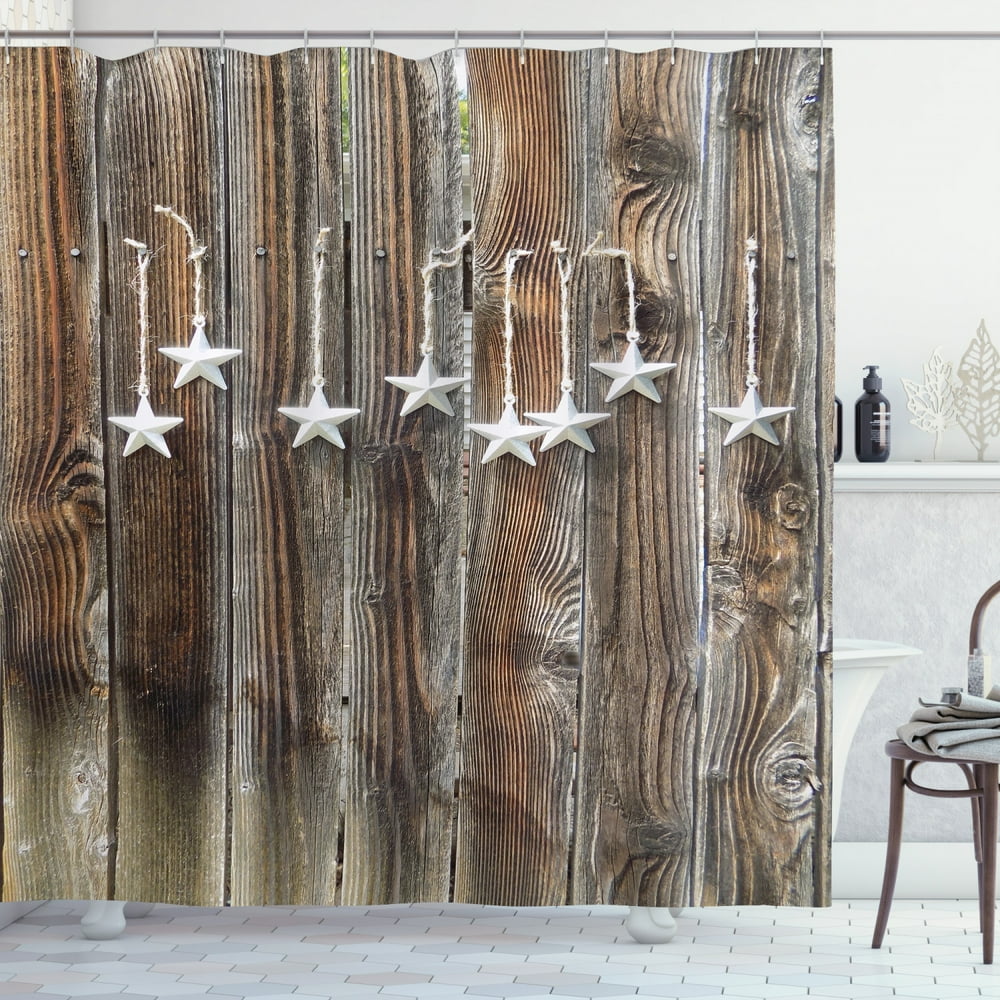 Primitive Country Shower Curtain, Silver Colored Ornate Stars on Wooden