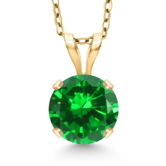 Gem Stone King 14K Yellow Gold Green Created Emerald Pendant Necklace for Women | 1.00 Cttw | Gemstone May Birthstone | Round 6MM | With 18 inch Silver Chain