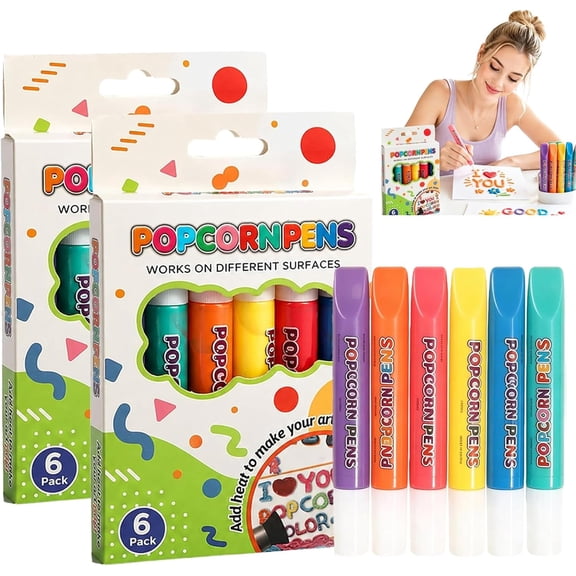 Magic Popcorns Pens 3D Puffy Drawing Kit, Bubble Art Markers for Crafts | Magic Popcorns Pens, Create Raised 3D Puffy With Bubble Pens, Includes 6 Vibrant Colors, Dries With Fun Texture