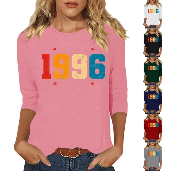 Vintage T Shirts For Women Crew Neck 3/4 Sleeve Print Pullover Tops Casual Stylish Comfy 1996 Graphic Tees (XL, Pink)