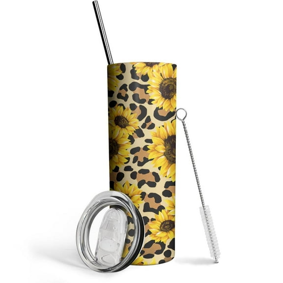 Repeating Leopard Sunflowers 20 Oz Skinny Tumbler with Lid and Straw - Insulated Water Bottle- Birthday Gifts for Mom Sister Friends Women