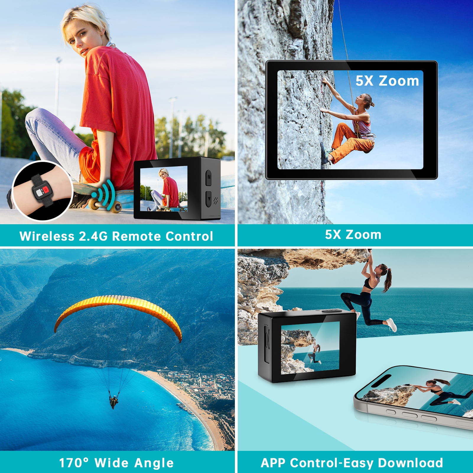 Action Camera 4K 60FPS 30MP with Front LCD and Rear Touchscreen, Underwater Camera 132FT Waterproof with 64GB Card,EIS,5X Zoom, 2.4G Wifi Remote Control,Vlog Cam,Dual Batteries,Mount Kit