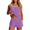thumbnail image 2 of Costeam Womens Contrast White Trim Spaghetti Strap 2 Piece Outfit Set Loose Sleeveless Tank Top and Pull On Shorts with Side Pockets Elastic High Waist Solid Color Casual Matching Loungewear Suit, 2 of 9