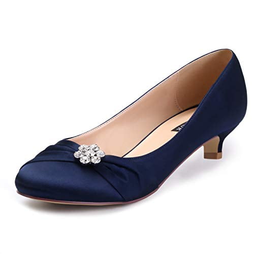 ERIJUNOR E0110 Women Closed Toe Comfort Kitten Heels Rhinestones Satin Wedding Evening Dress Shoes Navy Size 8