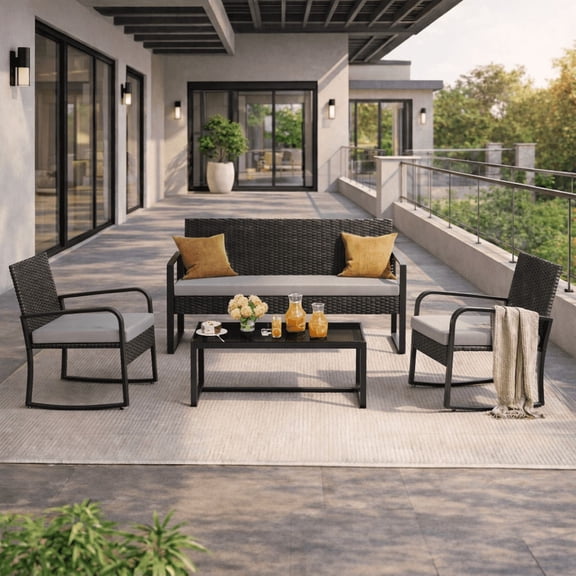 All-Weather Handwoven Wicker 4-Piece Rocking Patio Set Including Chairs and Coffee Table for Outdoor Leisure Space Dark Grey