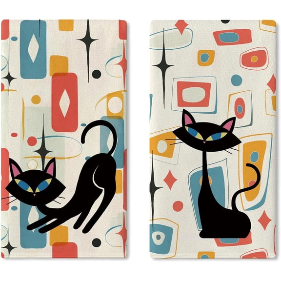 Mid Century Black Cat Kitchen Dish Towels Set of 2, Colorful Modern Geometric Abstract Art Drying Hand Towel Baking Cooking Cloth, Retro Atomic Starburst Bathroom Home Decoration 18'' x 26''