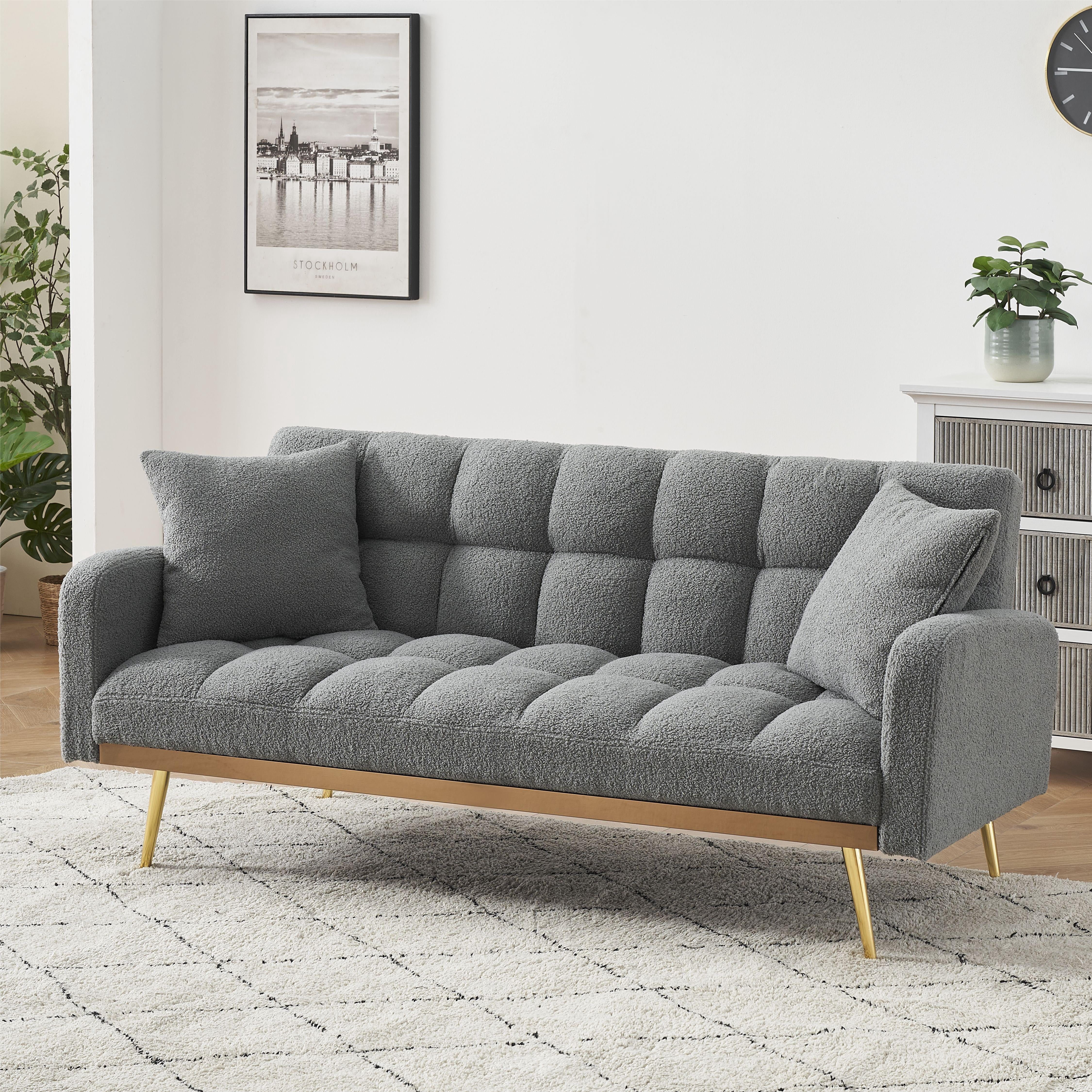 Bianlte Teddy Fleece Futon Sofa Bed Modern Wood Adjustable Reclining Couch with Pillows, Gray/Gold