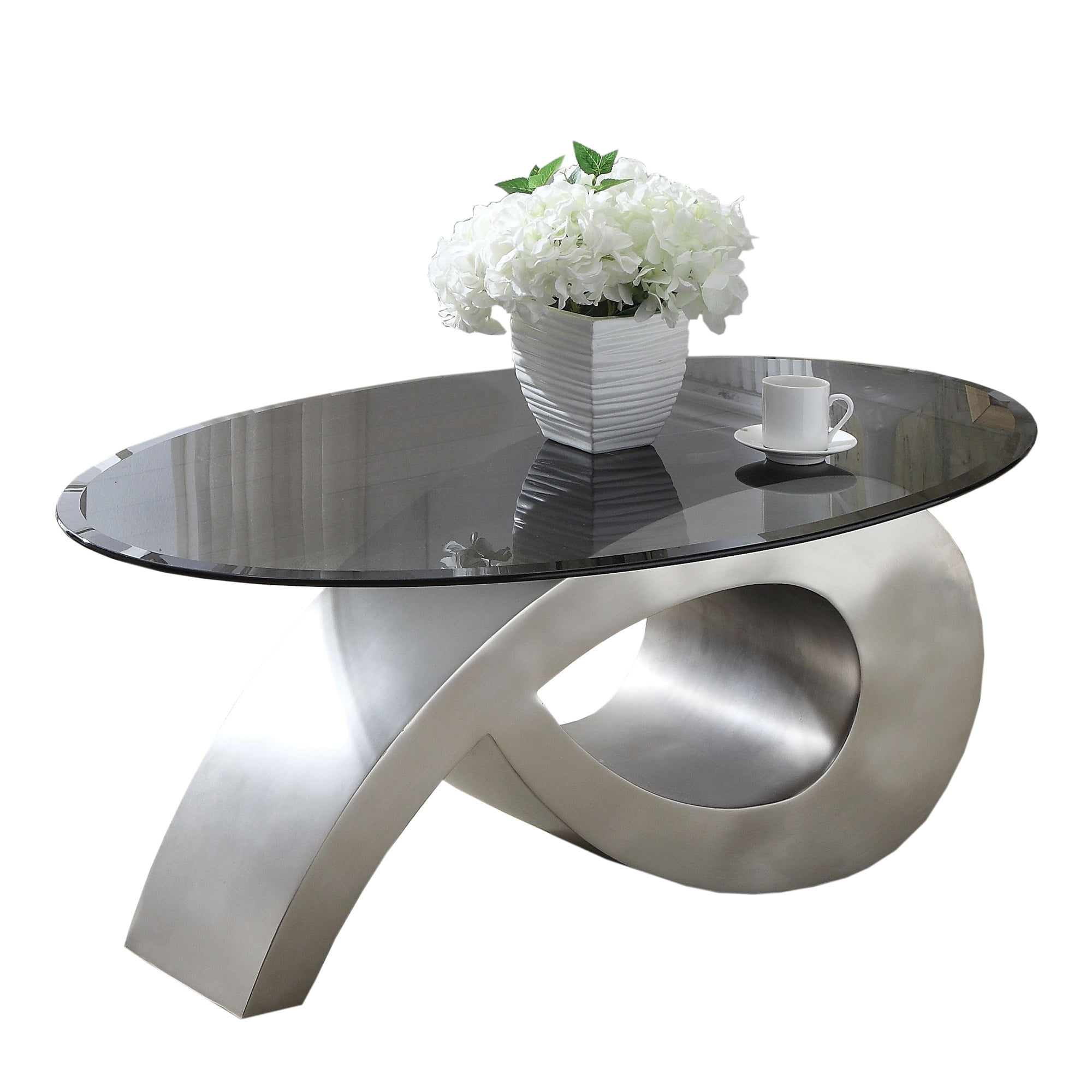 Oval Glass Coffee Table with Unique Metal Base, Black and Silver