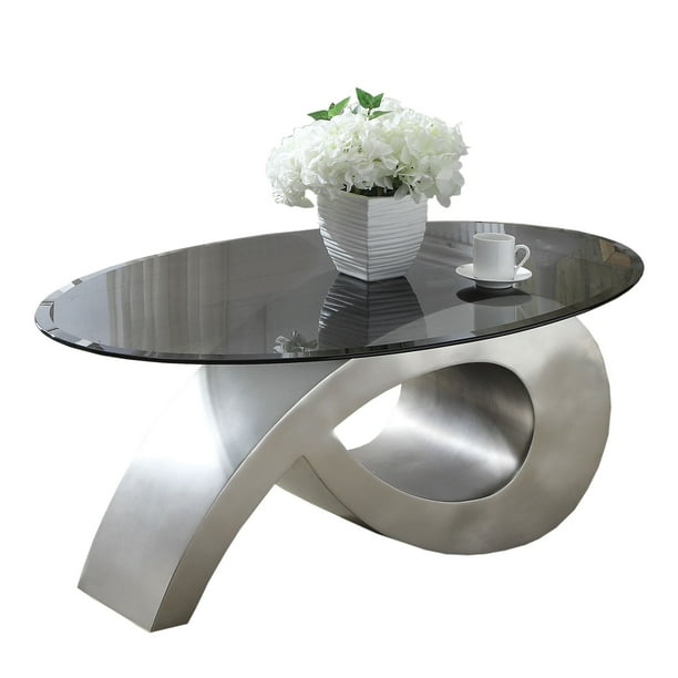 Oval Glass Coffee Table with Unique Metal Base, Black and Silver