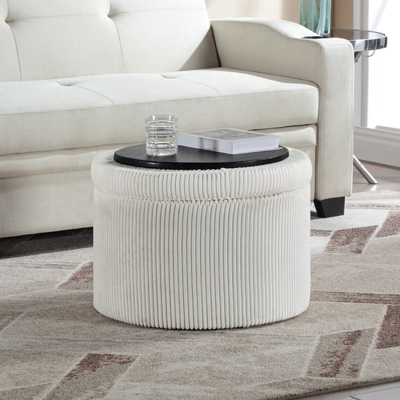 Convenience Concepts Designs4Comfort Round Corduroy Shoe Storage Ottoman with Reversible Tray Table Lid, Ivory