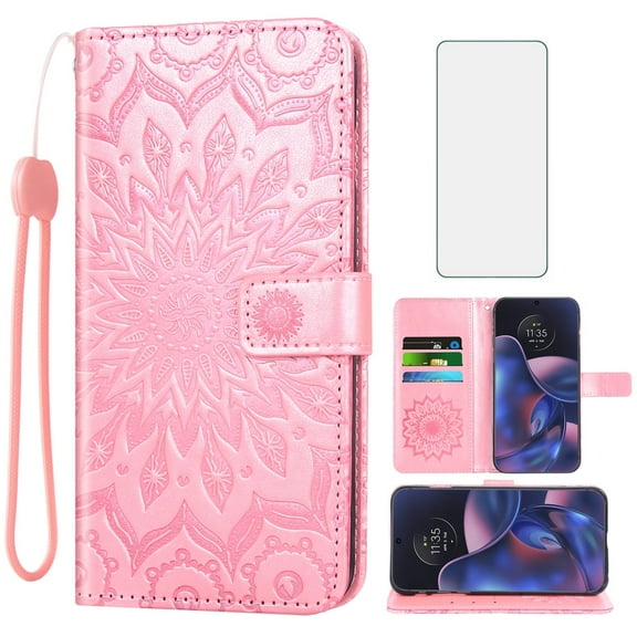 Compatible with Motorola Moto Edge 2022/MotoEdge 5G UW 2022 Wallet Phone Case and Tempered Glass Screen Protector Flip Credit Card Holder Stand Cell Cover for Gen 3 XT2205-1 XT2205-2 6.6 Pink