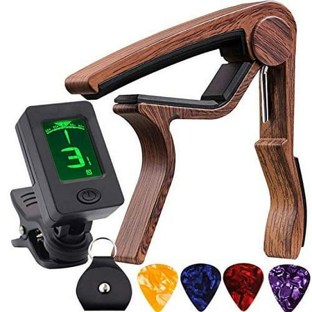 Guitar Tuner and Guitar Capo, Clip-On Tuner with Rosewood Color Capo for Acoustic Electric Guitar Bass Ukulele