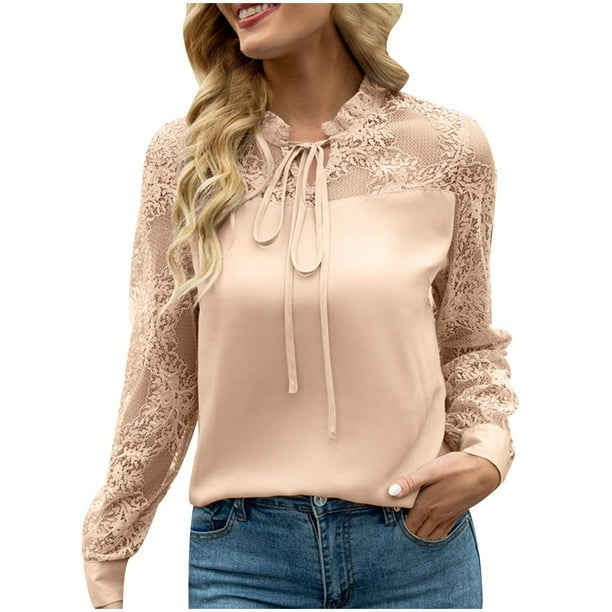 Tops Para Mujer Blusa Casual Elegante Camisas de Manga Larga Camisa Clásica de Túnica Suelta de Gasa Con Botones de Encaje de Color Sólido Odeerbi ODB164893