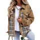 thumbnail image 1 of Chaqueta vaquera para mujer, cuello de solapa, cierre con botones, hombros caídos, 2 bolsillos en el pecho, chaqueta vaquera empalmada a cuadros, abrigo caqui L, 1 of 6