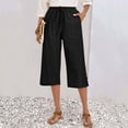thumbnail image 6 of Titcea Capri Pants for Women Cotton Linen Drawstring Elastic High Waisted Wide Leg Casual Pants with Pockets Breathable Beach Vacation Capris Black, 6 of 8
