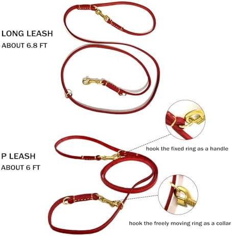 Multi Function 8ft Genuine Leather Hands Free Dog Training Leash for Puppy Small and Medium Dogs (8 Foot*3/8 inch, Red)