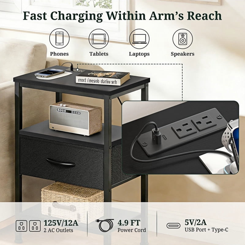 Kelno 2PCS Nightstand with Fabric Drawer Charging Station USB TypeC Outlets Small Bedside Table with Adjustable Shelf, Black