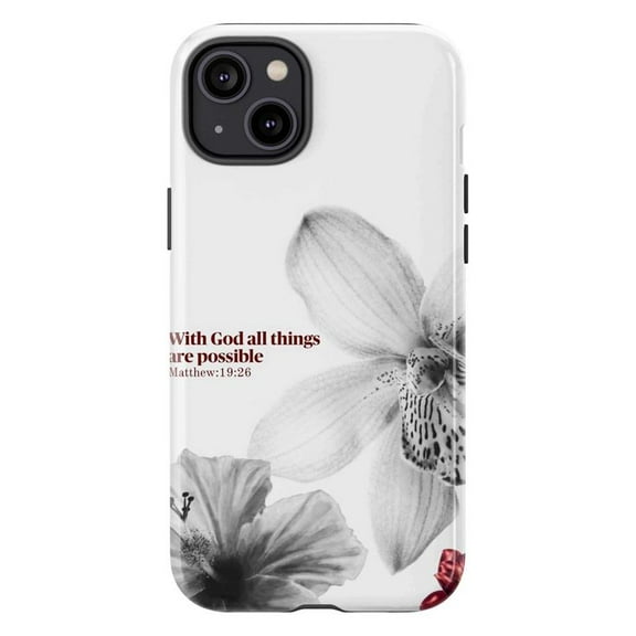 Matthew 19:26 Phone Case, Black & White Floral Christian Verse Cover for iPhone 17 16 15 14 13 12 11 Plus Pro Max Mini