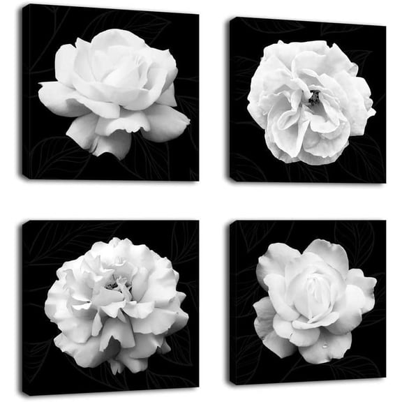 Flowers Wall Art Bathroom Wall Decor Abstract Botanical Picture Contemporary Wall Art Prints Bedroom Living Room Kitchen Office Home Decor Modern Black Flower Canvas Artwork 16" x 16" x 4 Pieces