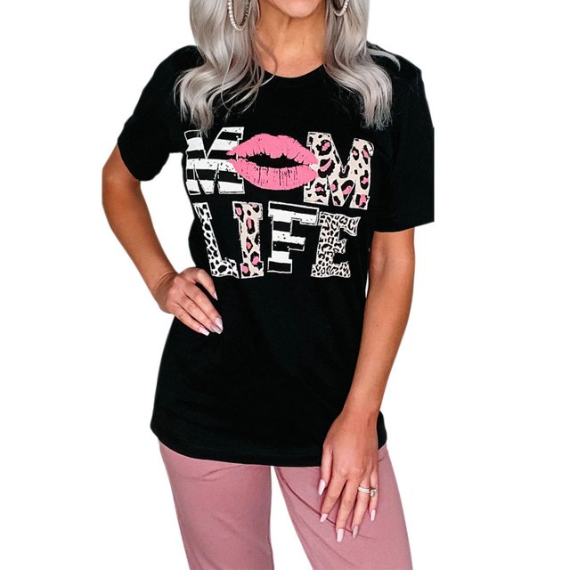 DYMADE Femme Col Rond Léopard Lèvres Manches Courtes Haut Décontracté Blouse