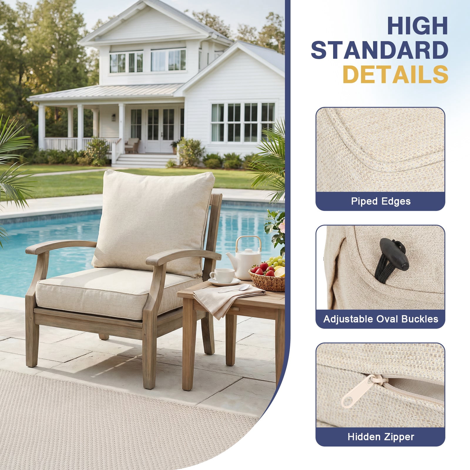 Aoodor 24 x 24 Inch Outdoor Seat Cushion, Water-Resistant & Fade Resistant Deep Seat and Back Cushion with Removable Cover for Patio Furniture Chair, Sofa and Couch, Cream Beige