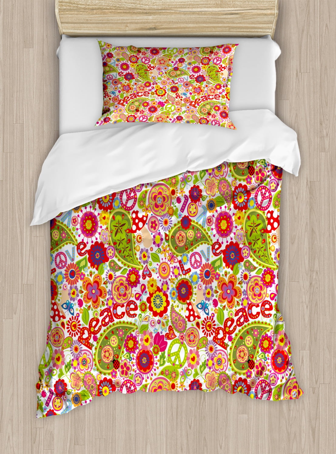 70s Party Duvet Cover Set, Festive Hippie Childish Composition of