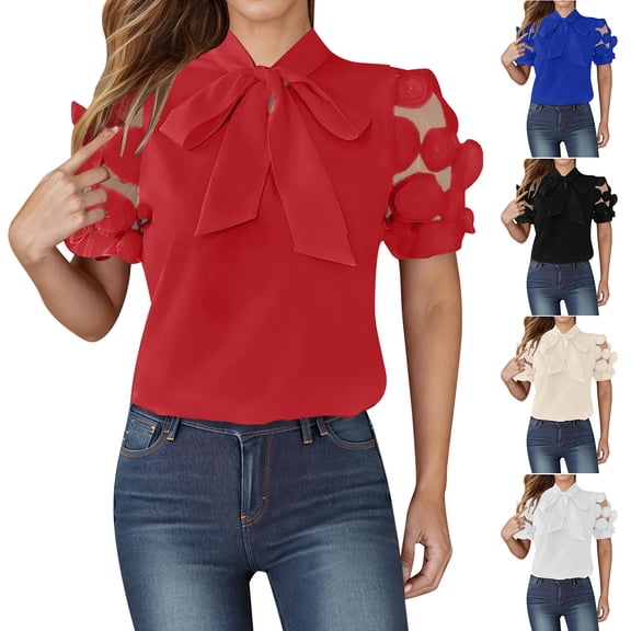 HVOBTTY Women's Comfortable Pullover Sport Tshirt,Summer Top for Women, Womens Casual Solid Color Bowknot Patchwork Short Sleeve Lightweight Loose Daily Wear Blouse White, XL