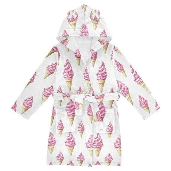 FORMRS Niños Bathrobe Unisex Hooded Robe Soft Plush Pajamas Sleepwear, Size 2-3T, Pink Cartoon Ice Cream
