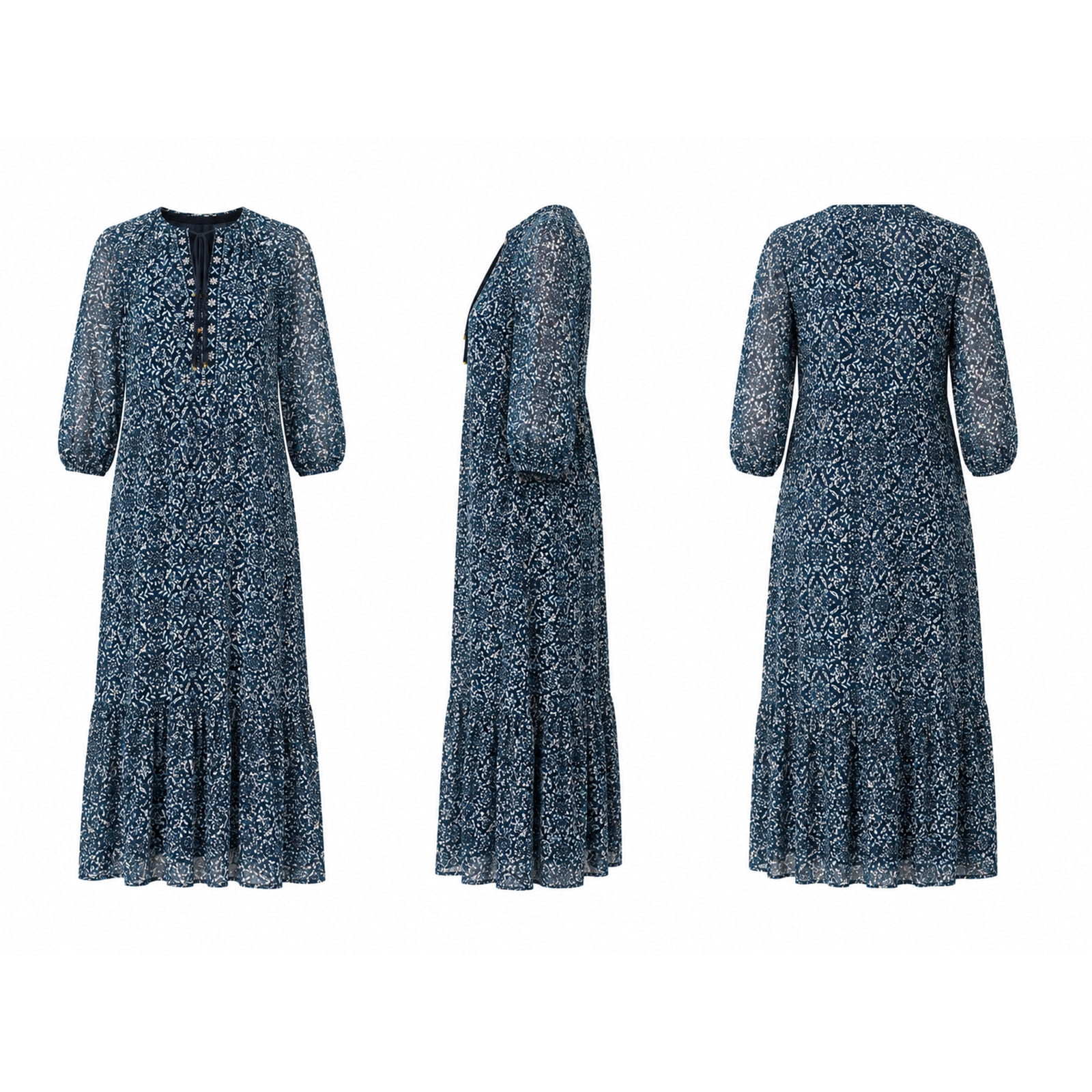 Alvantor Women's Printed Midi Dress, Tie Neck 3/4 Sleeve Tiered Style, Navy Multi