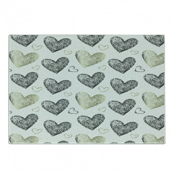 Valentine's Day Cutting Board, Modern Design Hand Drawn Scribbled Heart Motifs, Decorative Tempered Glass Cutting and Serving Board, in 3 Sizes, by Ambesonne