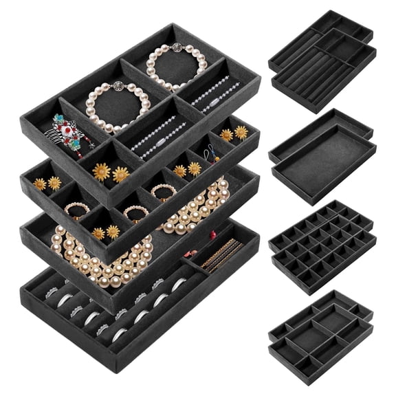 Velvet Jewelry Trays for Drawers, Set of 12 Stackable Jewelry Drawer Organizer Inserts, 4 Styles Black Velvet Drawer Compartment Organizer Tray for Rings, Earrings, Necklace, Bracelet, Watch 