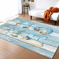 Area Rugs Indoor Non-Slip Rectangle Rug 5x8 Ft Blue Beach Home Coastal Starfish Shell Retro Blue Wood Grain Rug Rubber Backing Floor Mats Non Shedding Home Decor Carpet for Entryway Living Room