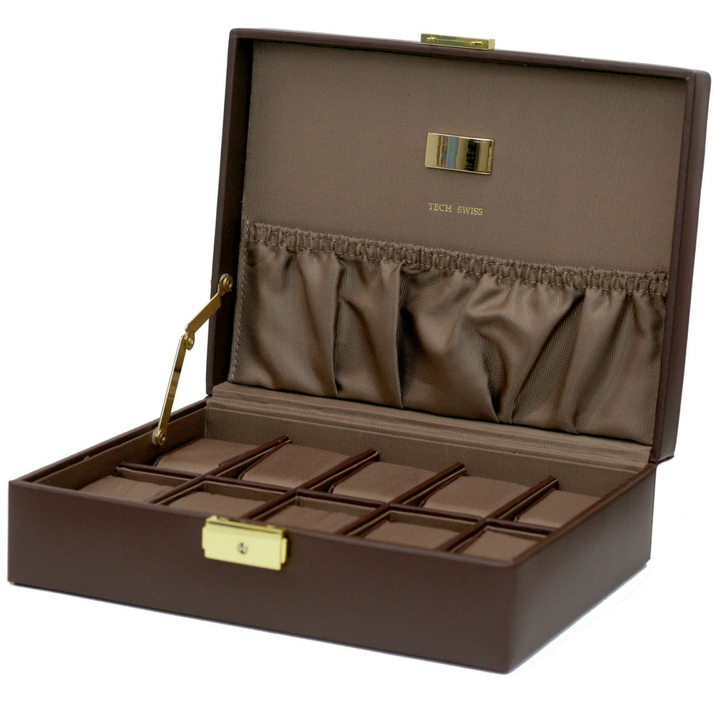 Tech Swiss - 10 Watch Box Brown Leather Case Engravable  