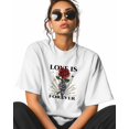 thumbnail image 2 of T Shirts for Women Short Sleeve Cotton Crewneck T-Shirt, LOVE IS FOREVER Red Rose Skeleton Hand Tee Tops Casual Basic T-Shirts, XS-5XL White XL, 2 of 7